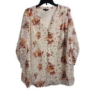 Sara Michelle Floral Chiffon Blouse 2X Cream Orange‎ Brown 3/4 Sleeve